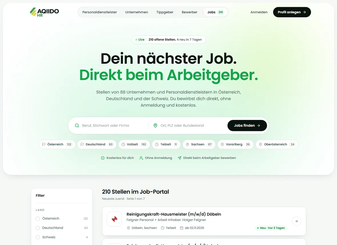 AQIIDO Job-Portal: öffentliche Stelleninserate mit Suche nach Beruf und Ort