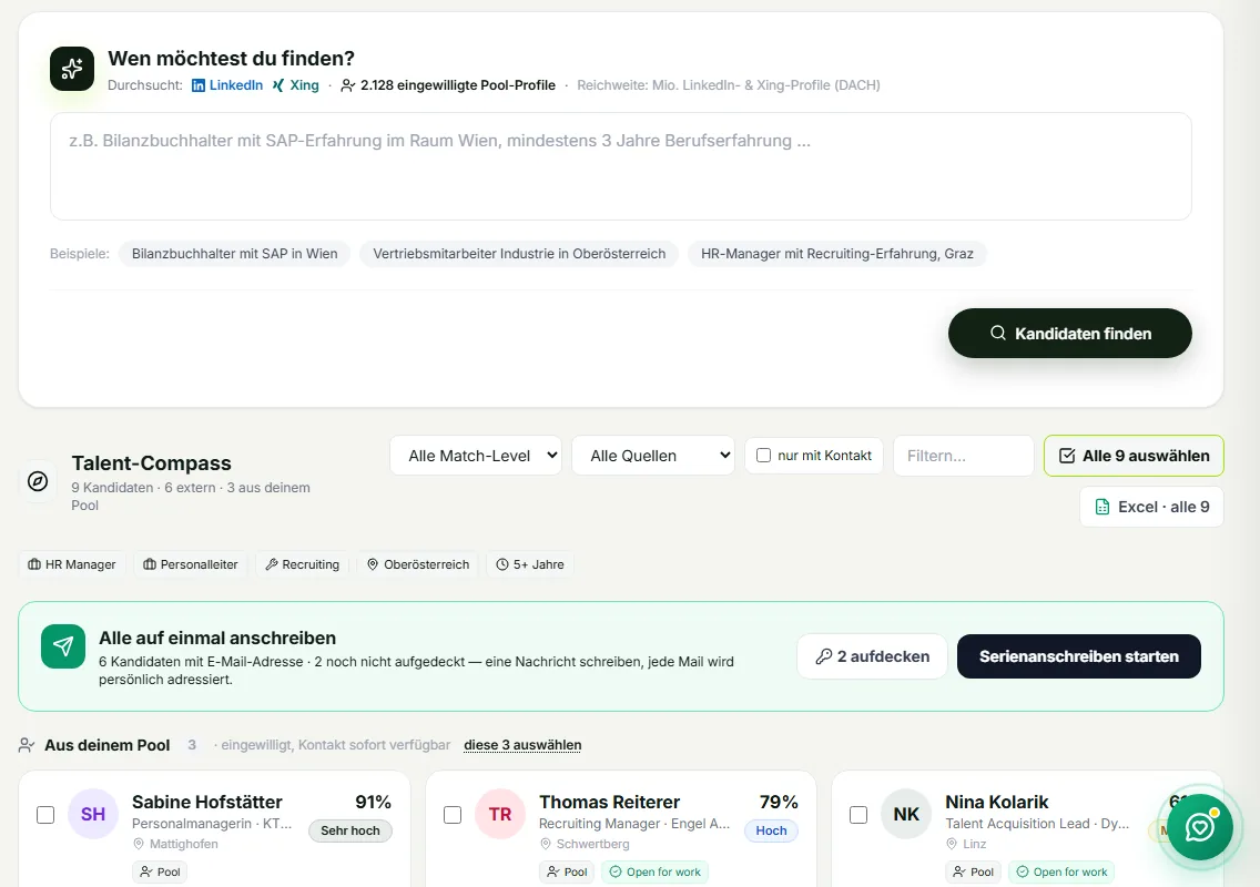 KI-Kandidatensuche: Suche in normaler Sprache, gerankte Kandidaten mit Passungswert