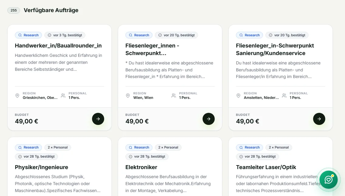 Personalauftrags-Börse mit bestätigten Aufträgen, Region, Personalbedarf und Preis