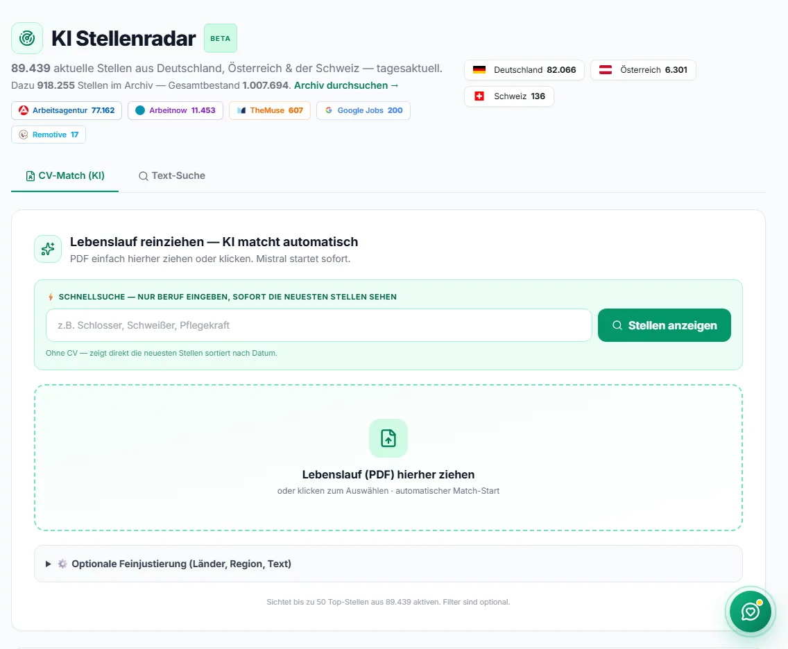 KI-Stellenradar mit Schnellsuche, Lebenslauf-Match und Quellen aus Deutschland, Österreich und der Schweiz